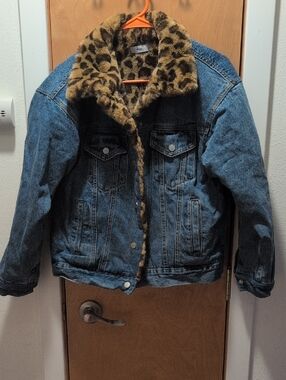 Adika Blue Denim Jacket with Leopard Faux Fur Trim
